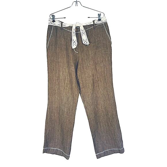 J.Jill Pinstripe Brown Linen Belted Pants Women's Plus Size 14 - Picture 1 of 6